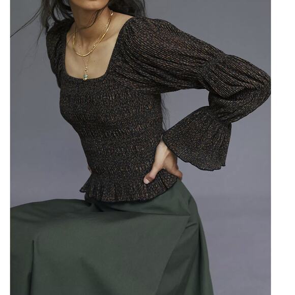 Anthropologie Tops - Anthropologie Brown Shimmer Puff-Sleeved Blouse - XL New